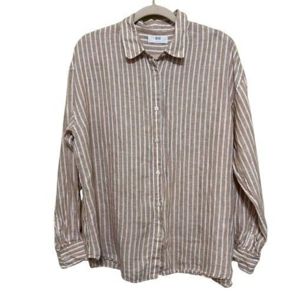 Uniqlo Premium 100% Linen Striped Button Up Shirt Women Large Brown White Beachy